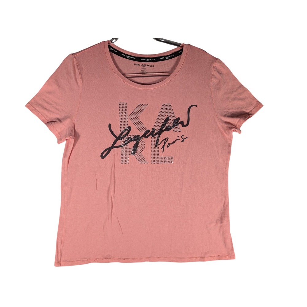 Karl Lagerfeld Paris Womens Pink Rhinestone KL Script Logo Graphic Tee Medium